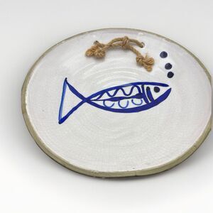 Large Blue White Stoneware Fish 10” VTG Hand Painted Wall Hanging Shallow Bowl